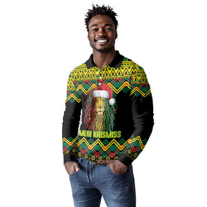 Black Jamaican Christmas Long Sleeve Polo Shirt Reggae Lion With Kente Pattern