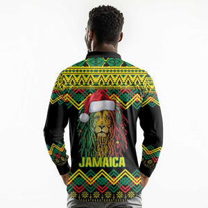 Black Jamaican Christmas Long Sleeve Polo Shirt Reggae Lion With Kente Pattern