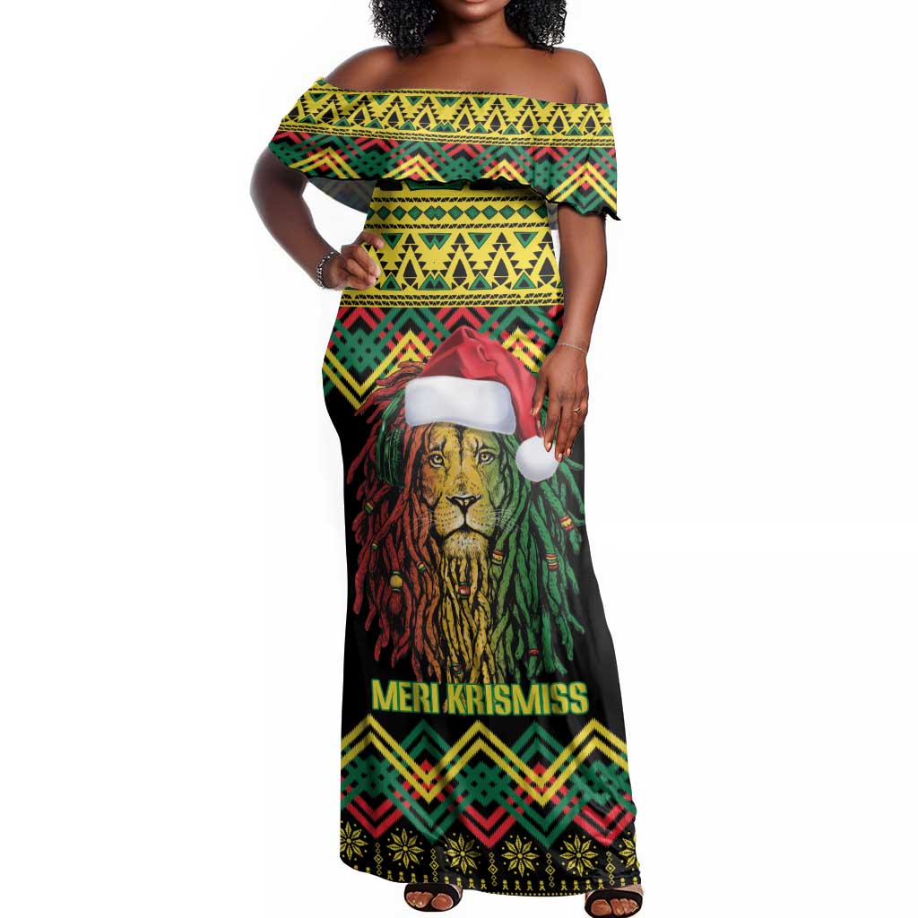 Black Jamaican Christmas Off Shoulder Maxi Dress Reggae Lion With Kente Pattern