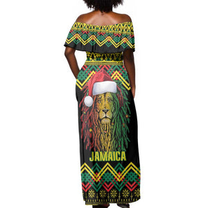 Black Jamaican Christmas Off Shoulder Maxi Dress Reggae Lion With Kente Pattern