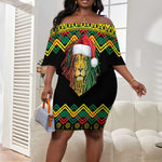Black Jamaican Christmas Off Shoulder Short Dress Reggae Lion With Kente Pattern