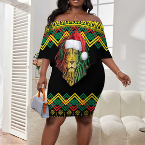 Black Jamaican Christmas Off Shoulder Short Dress Reggae Lion With Kente Pattern