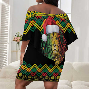 Black Jamaican Christmas Off Shoulder Short Dress Reggae Lion With Kente Pattern