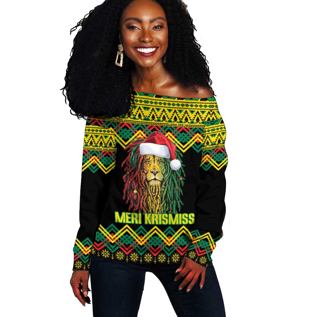 Black Jamaican Christmas Off Shoulder Sweater Reggae Lion With Kente Pattern