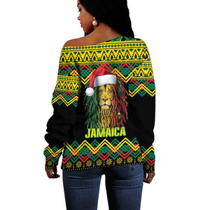 Black Jamaican Christmas Off Shoulder Sweater Reggae Lion With Kente Pattern