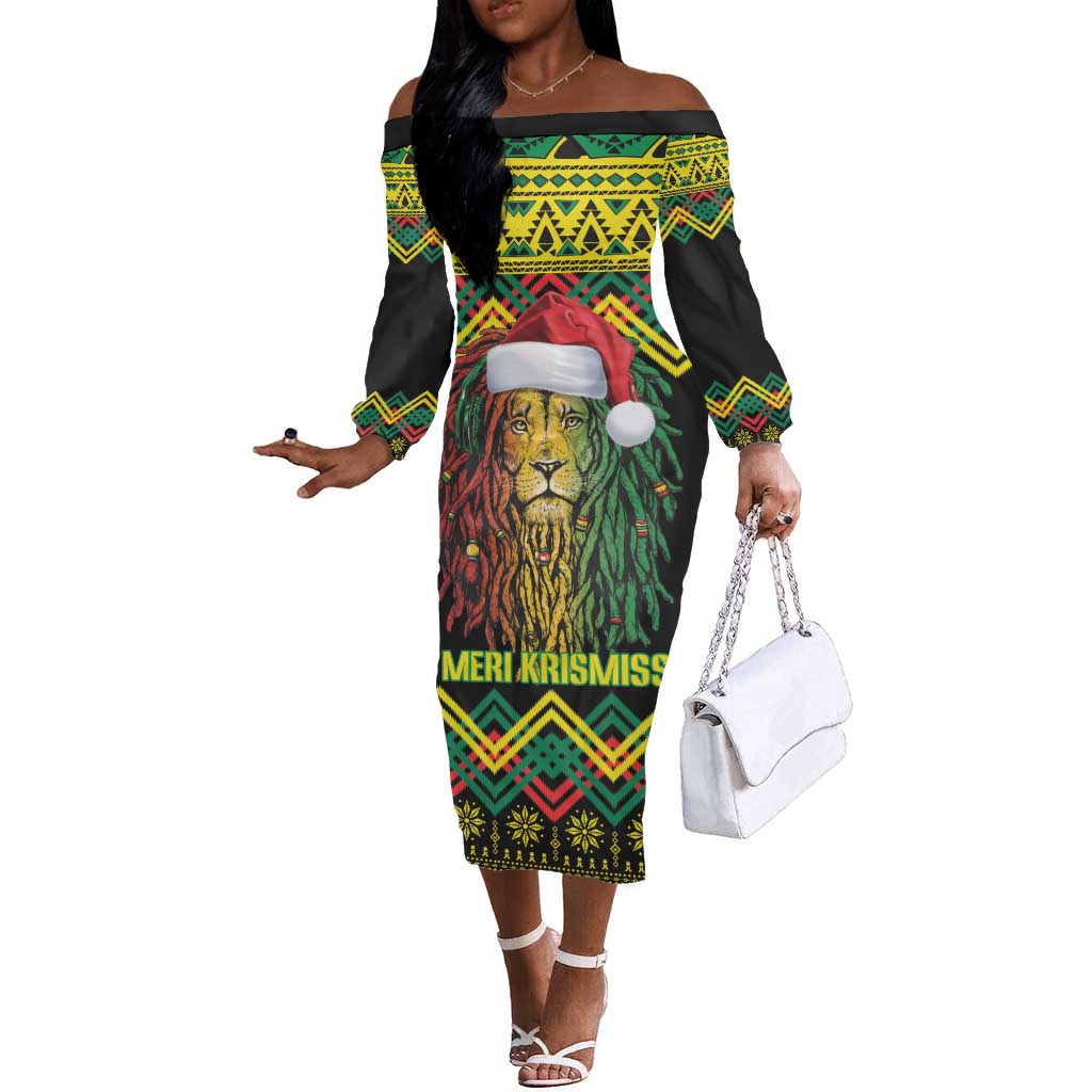 Black Jamaican Christmas Off The Shoulder Long Sleeve Dress Reggae Lion With Kente Pattern