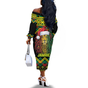 Black Jamaican Christmas Off The Shoulder Long Sleeve Dress Reggae Lion With Kente Pattern