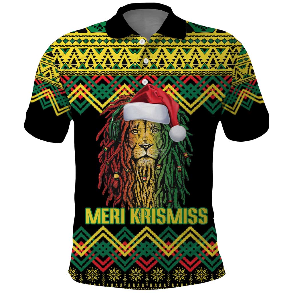 Black Jamaican Christmas Polo Shirt Reggae Lion With Kente Pattern