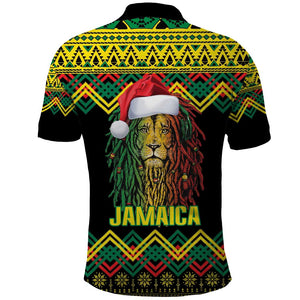 Black Jamaican Christmas Polo Shirt Reggae Lion With Kente Pattern