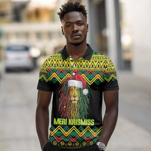 Black Jamaican Christmas Polo Shirt Reggae Lion With Kente Pattern