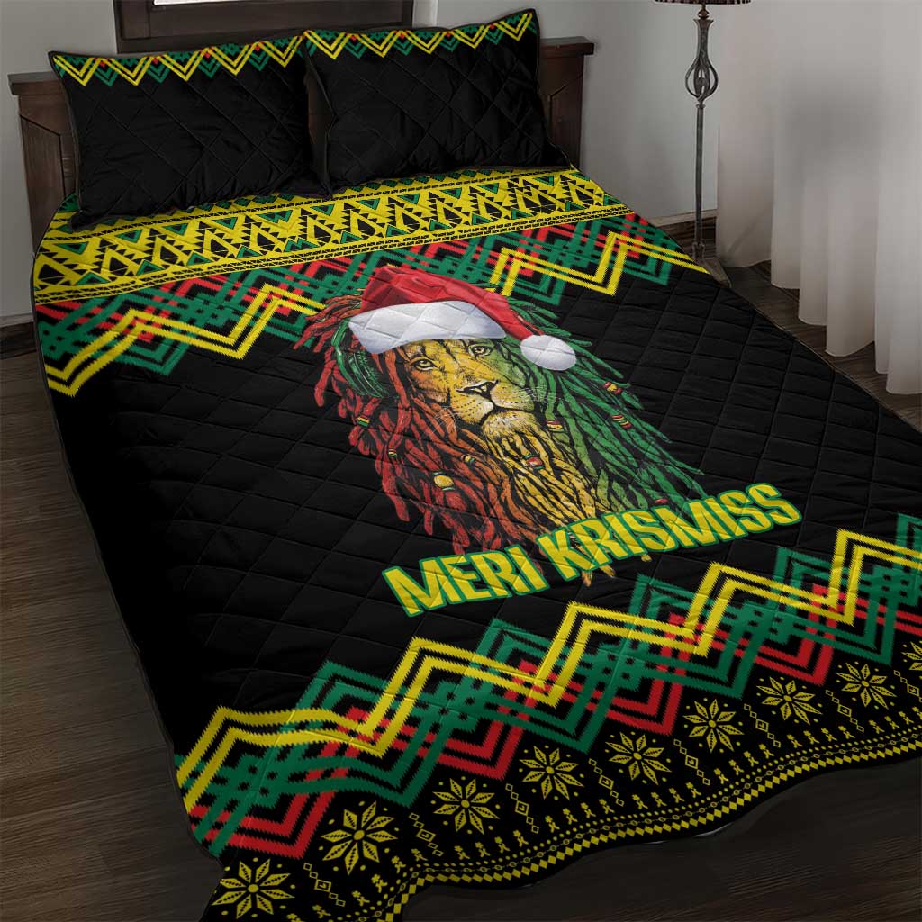 Black Jamaican Christmas Quilt Bed Set Reggae Lion With Kente Pattern