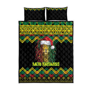 Black Jamaican Christmas Quilt Bed Set Reggae Lion With Kente Pattern