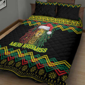 Black Jamaican Christmas Quilt Bed Set Reggae Lion With Kente Pattern