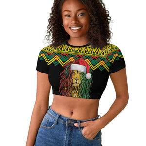 Black Jamaican Christmas Raglan Cropped T shirt Reggae Lion With Kente Pattern