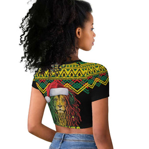 Black Jamaican Christmas Raglan Cropped T shirt Reggae Lion With Kente Pattern