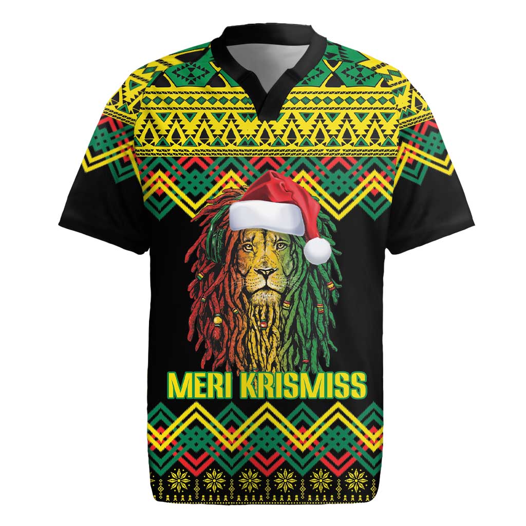 Black Jamaican Christmas Rugby Jersey Reggae Lion With Kente Pattern