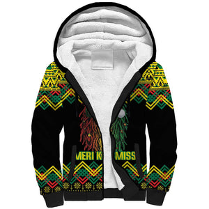 Black Jamaican Christmas Sherpa Hoodie Reggae Lion With Kente Pattern