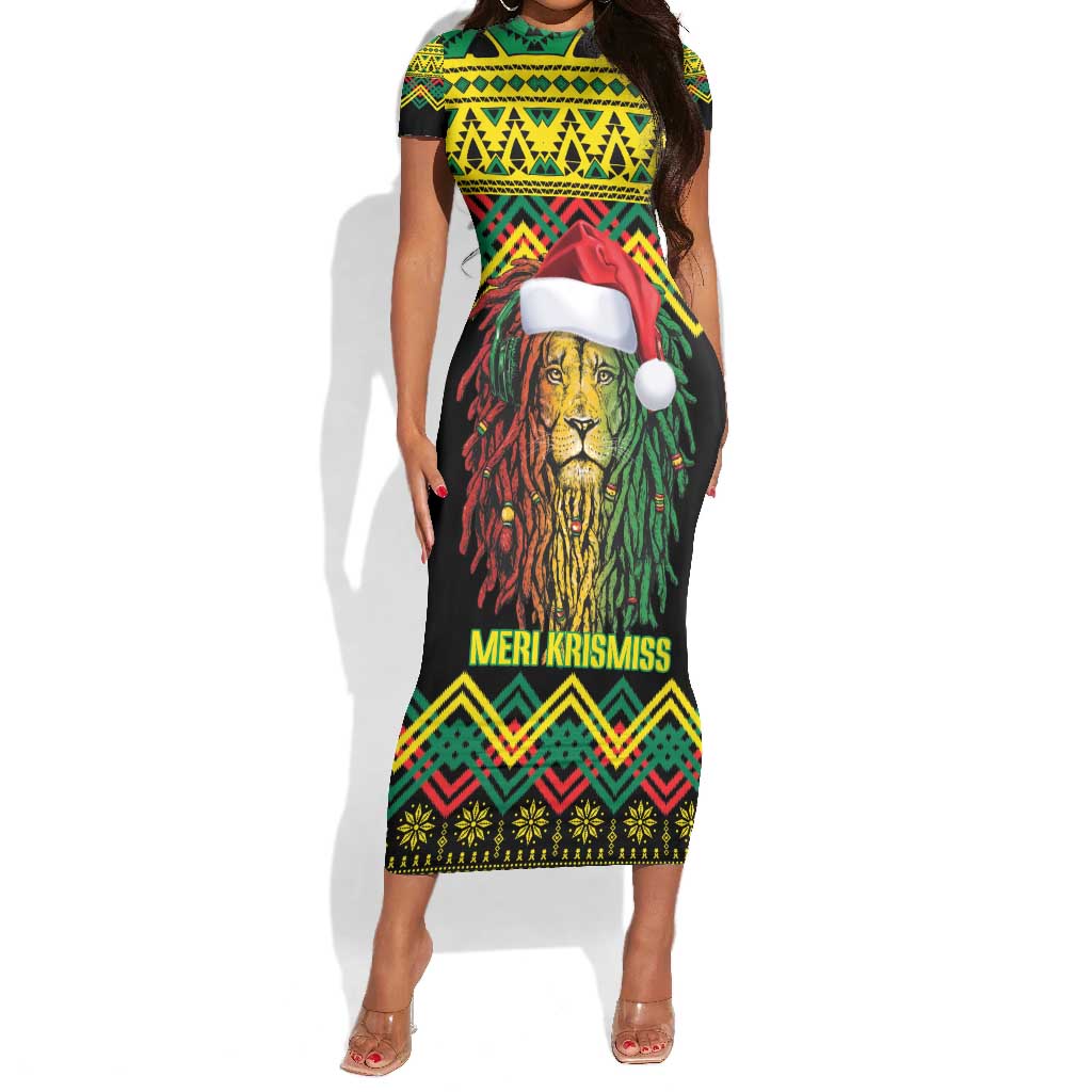 Black Jamaican Christmas Short Sleeve Bodycon Dress Reggae Lion With Kente Pattern