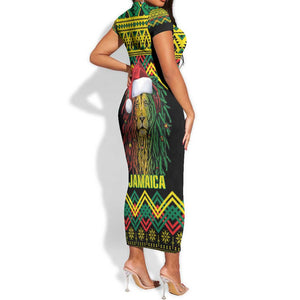 Black Jamaican Christmas Short Sleeve Bodycon Dress Reggae Lion With Kente Pattern