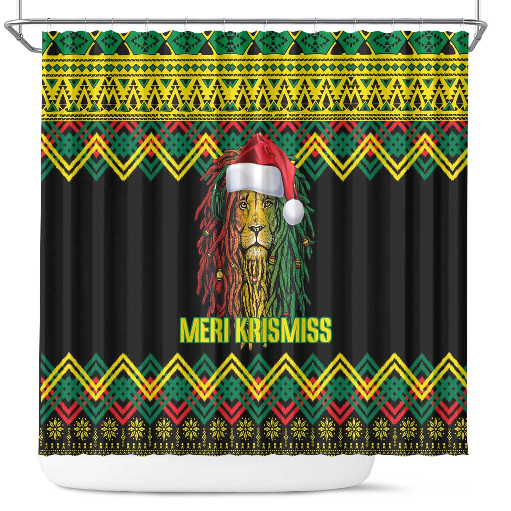 Black Jamaican Christmas Shower Curtain Reggae Lion With Kente Pattern