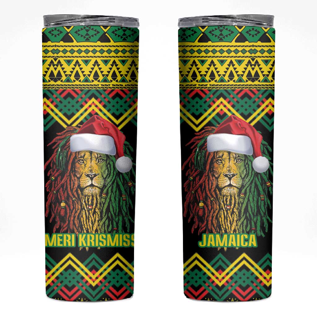 Black Jamaican Christmas Skinny Tumbler Reggae Lion With Kente Pattern