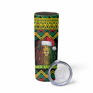 Black Jamaican Christmas Skinny Tumbler Reggae Lion With Kente Pattern