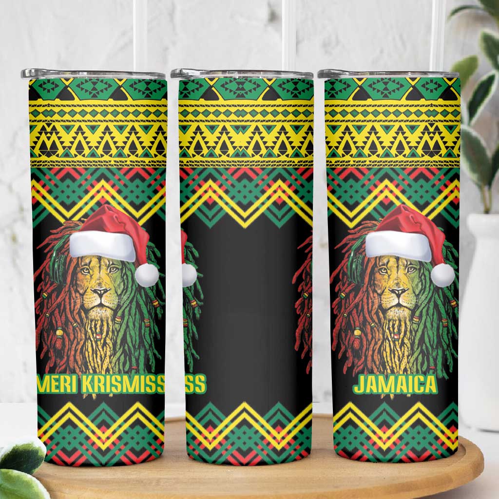 Black Jamaican Christmas Skinny Tumbler Reggae Lion With Kente Pattern