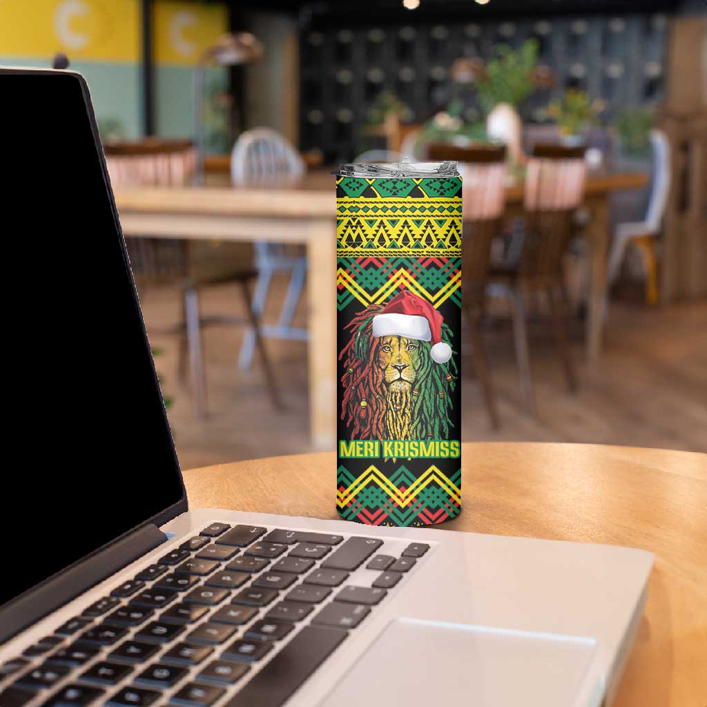 Black Jamaican Christmas Skinny Tumbler Reggae Lion With Kente Pattern