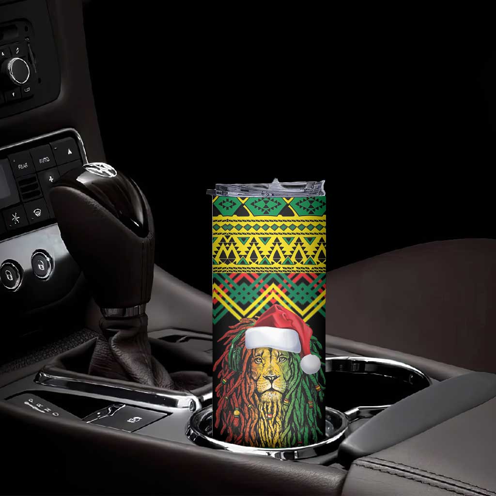 Black Jamaican Christmas Skinny Tumbler Reggae Lion With Kente Pattern