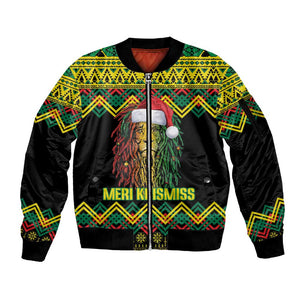 Black Jamaican Christmas Sleeve Zip Bomber Jacket Reggae Lion With Kente Pattern