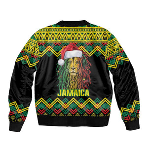 Black Jamaican Christmas Sleeve Zip Bomber Jacket Reggae Lion With Kente Pattern