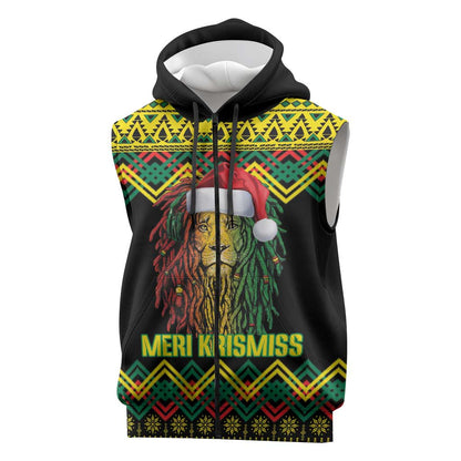 Black Jamaican Christmas Sleeveless Zip Hoodie Reggae Lion With Kente Pattern - African Pride