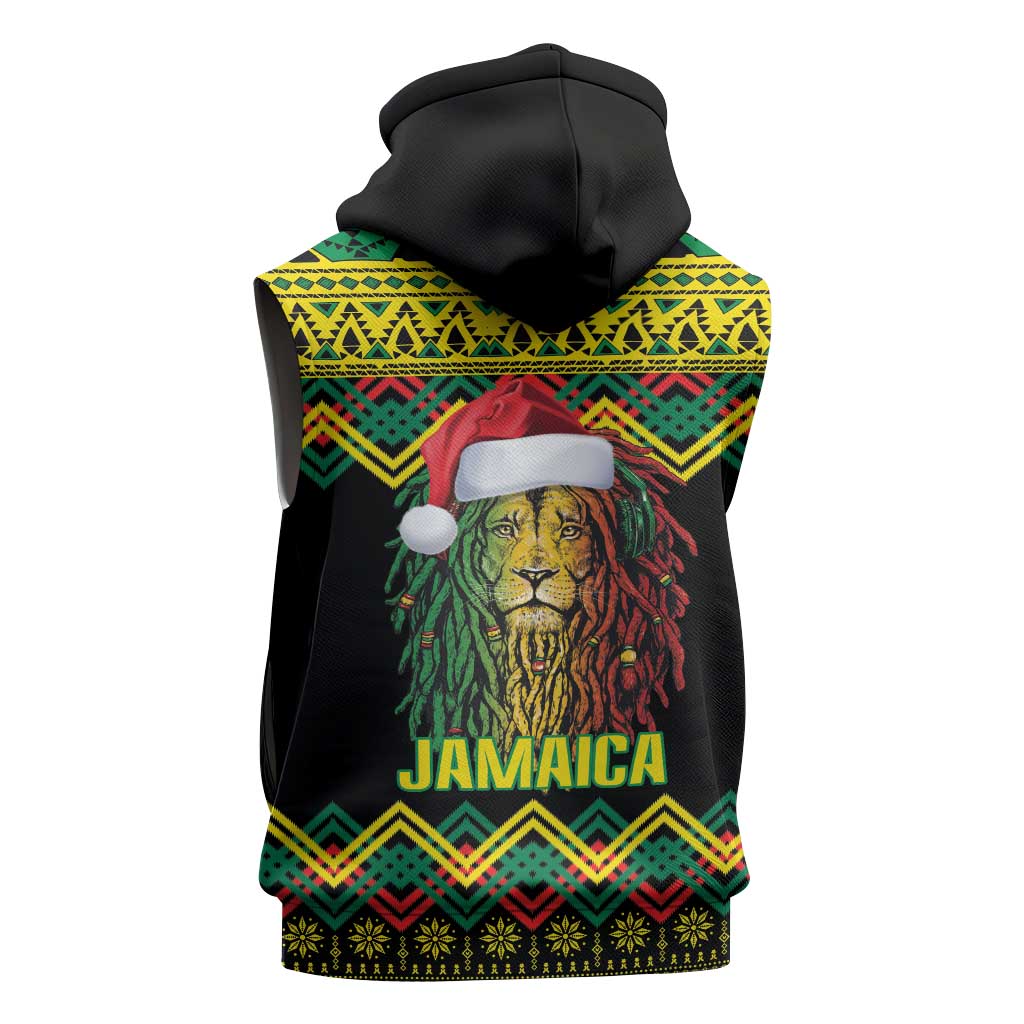 Black Jamaican Christmas Sleeveless Zip Hoodie Reggae Lion With Kente Pattern - African Pride