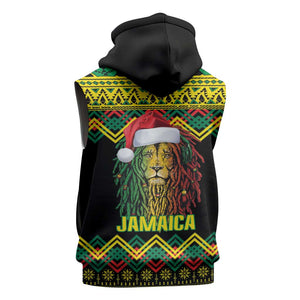 Black Jamaican Christmas Sleeveless Zip Hoodie Reggae Lion With Kente Pattern - African Pride