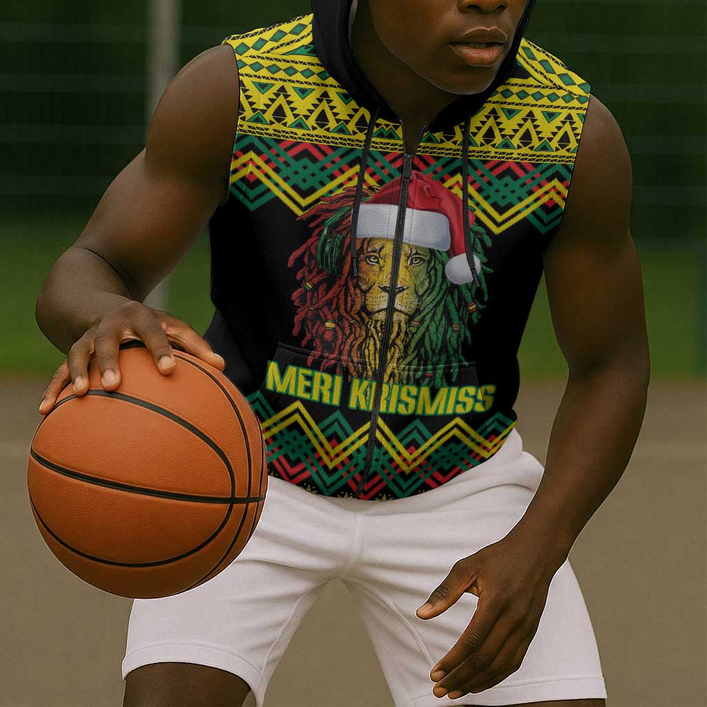 Black Jamaican Christmas Sleeveless Zip Hoodie Reggae Lion With Kente Pattern - African Pride