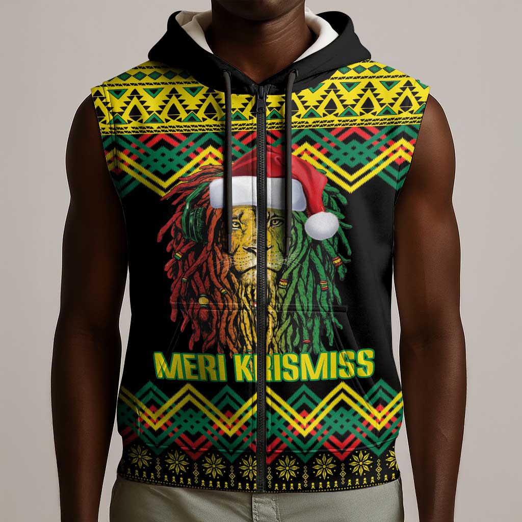 Black Jamaican Christmas Sleeveless Zip Hoodie Reggae Lion With Kente Pattern - African Pride