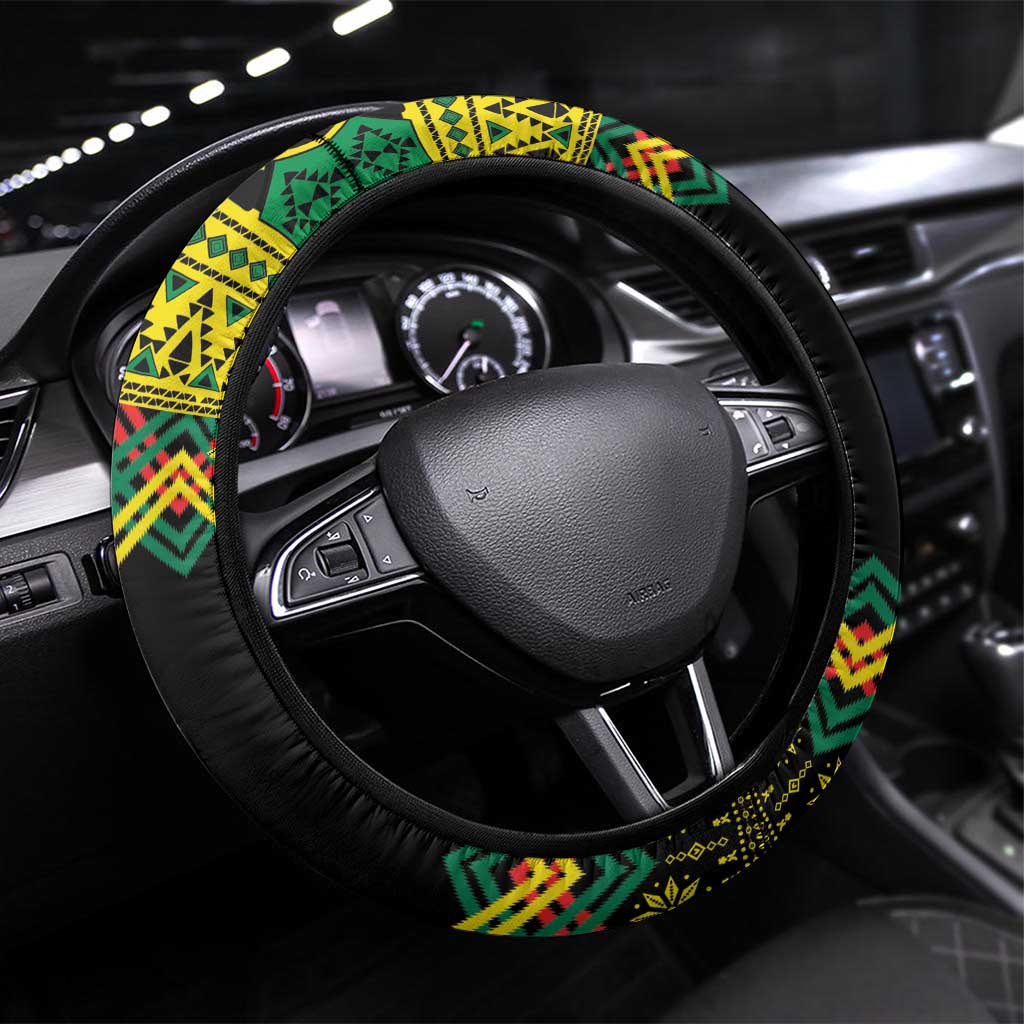 Black Jamaican Christmas Steering Wheel Cover Reggae Lion With Kente Pattern