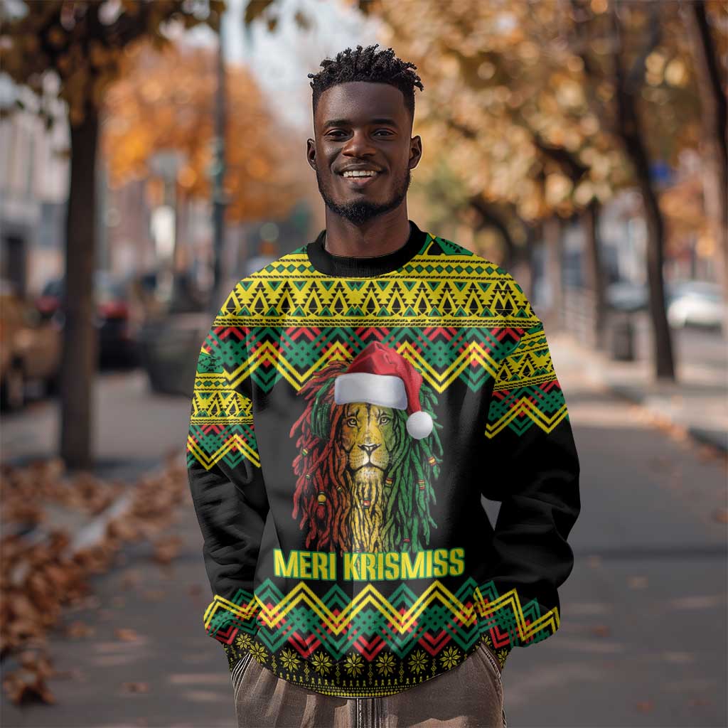 Black Jamaican Christmas Sweatshirt Reggae Lion With Kente Pattern