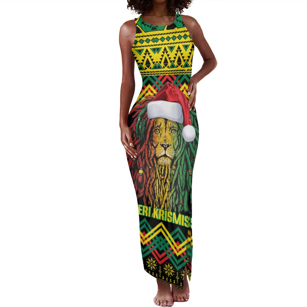 Black Jamaican Christmas Tank Maxi Dress Reggae Lion With Kente Pattern