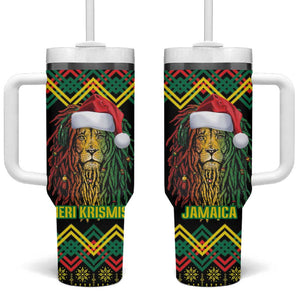 Black Jamaican Christmas Tumbler With Handle Reggae Lion With Kente Pattern