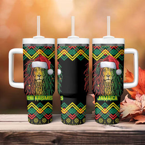 Black Jamaican Christmas Tumbler With Handle Reggae Lion With Kente Pattern