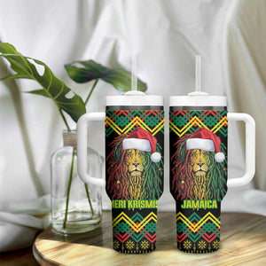 Black Jamaican Christmas Tumbler With Handle Reggae Lion With Kente Pattern