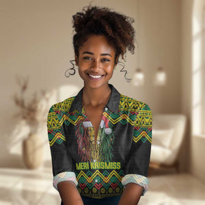 Black Jamaican Christmas Women Casual Shirt Reggae Lion With Kente Pattern