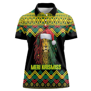 Black Jamaican Christmas Women Polo Shirt Reggae Lion With Kente Pattern