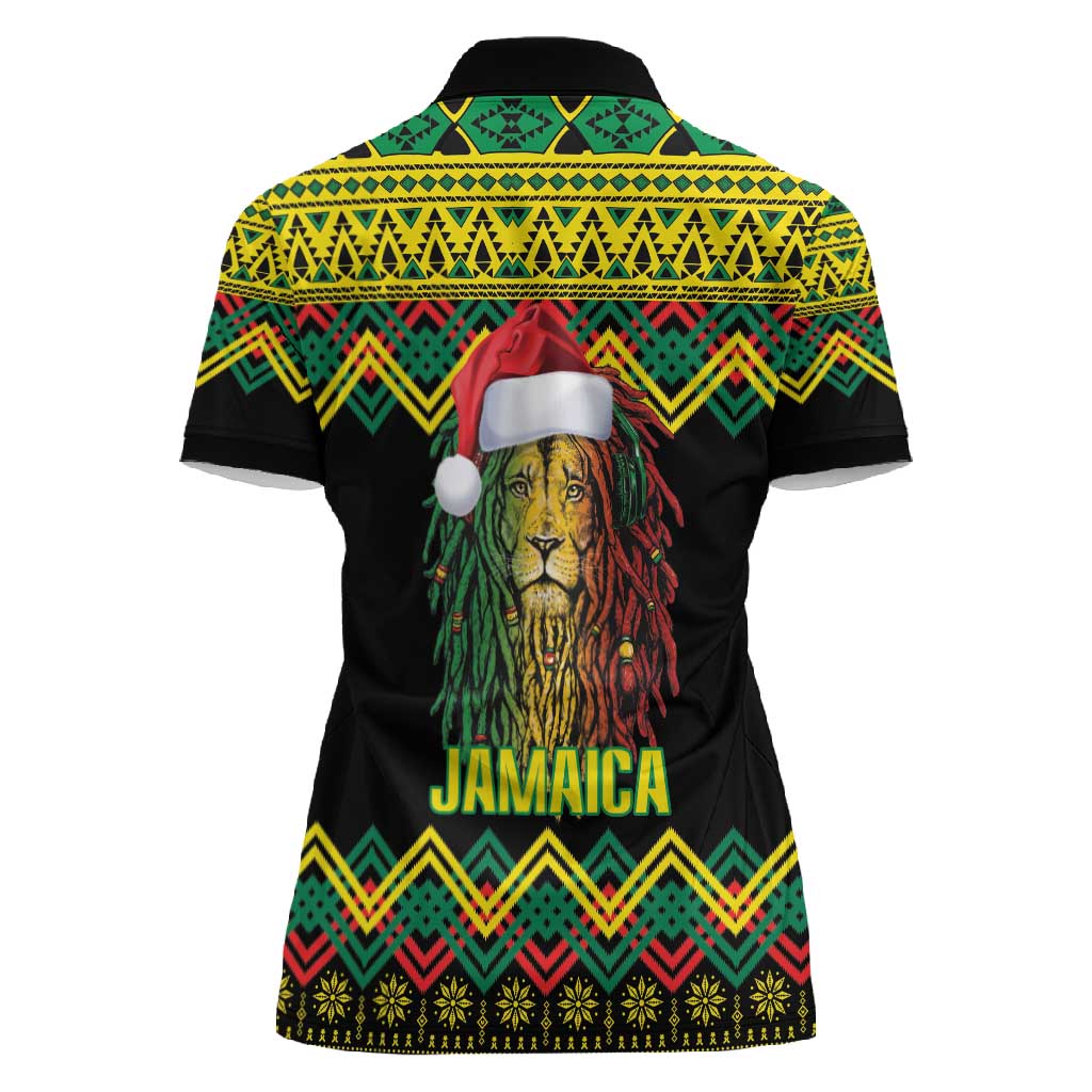 Black Jamaican Christmas Women Polo Shirt Reggae Lion With Kente Pattern