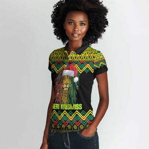 Black Jamaican Christmas Women Polo Shirt Reggae Lion With Kente Pattern