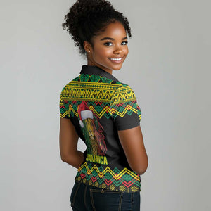 Black Jamaican Christmas Women Polo Shirt Reggae Lion With Kente Pattern