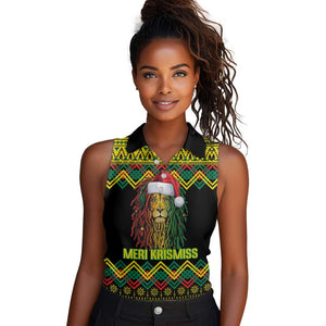 Black Jamaican Christmas Women Sleeveless Polo Shirt Reggae Lion With Kente Pattern