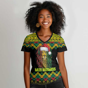 Black Jamaican Christmas Women V-Neck T-Shirt Reggae Lion With Kente Pattern