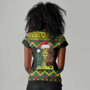 Black Jamaican Christmas Women V-Neck T-Shirt Reggae Lion With Kente Pattern